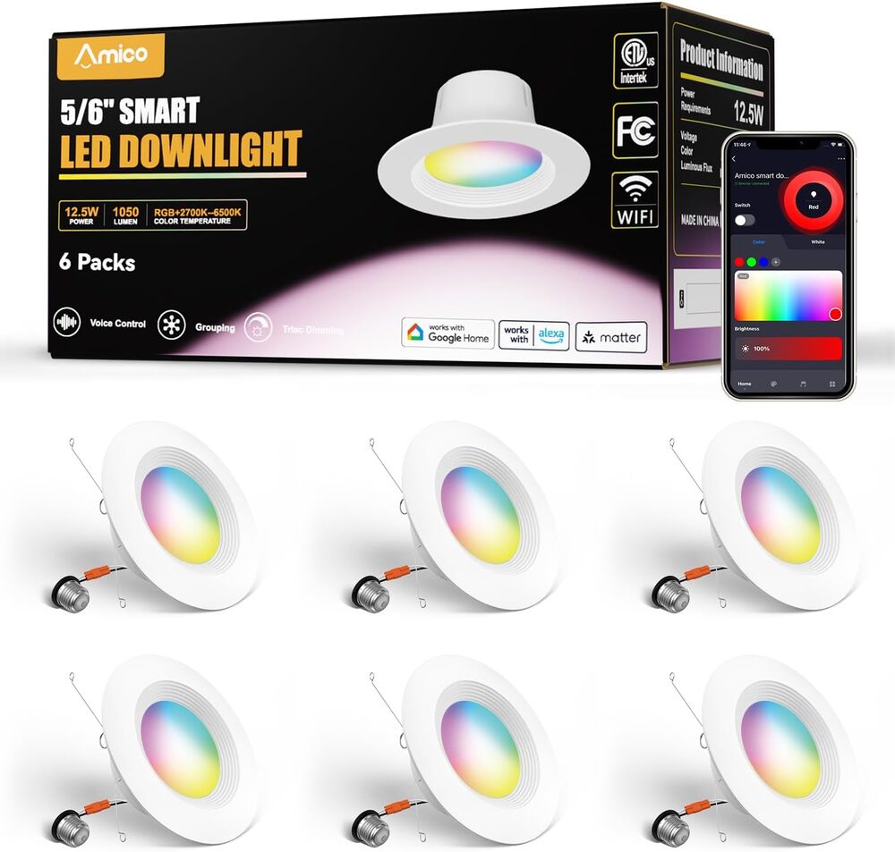 Amico 6 Pack 5/6in WiFi Smart LED Recessed Lights Matter Compatible New
